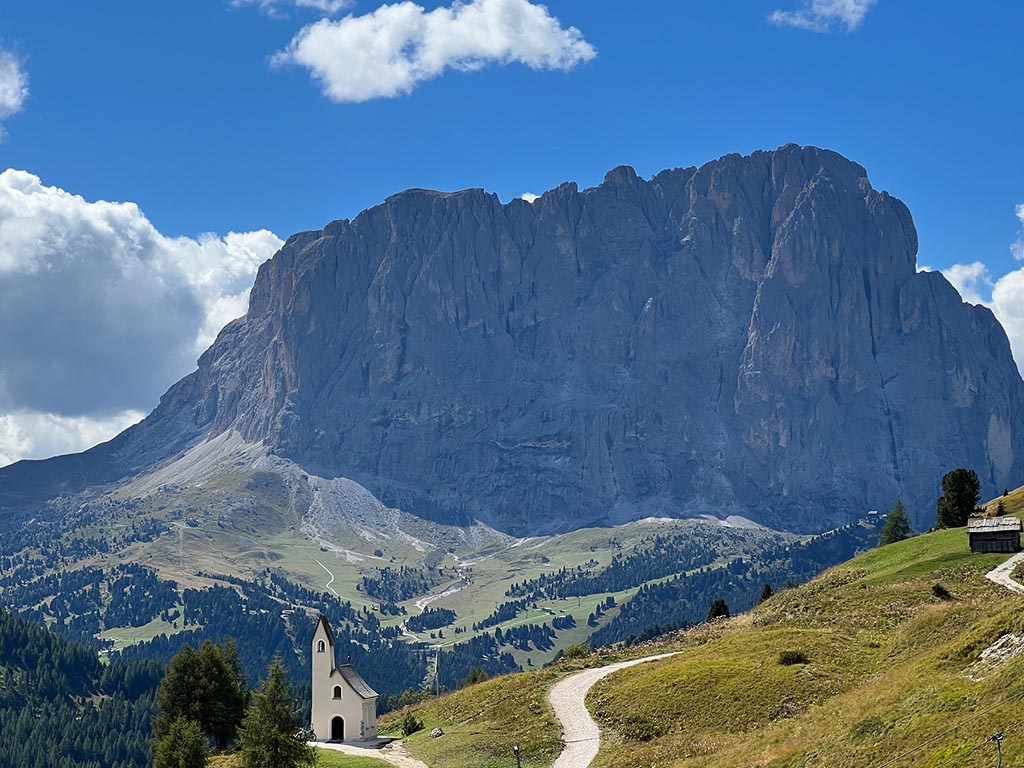 Chapel at the Gardena Pass in Selva di Val Gardena, South Tyrol in autumn