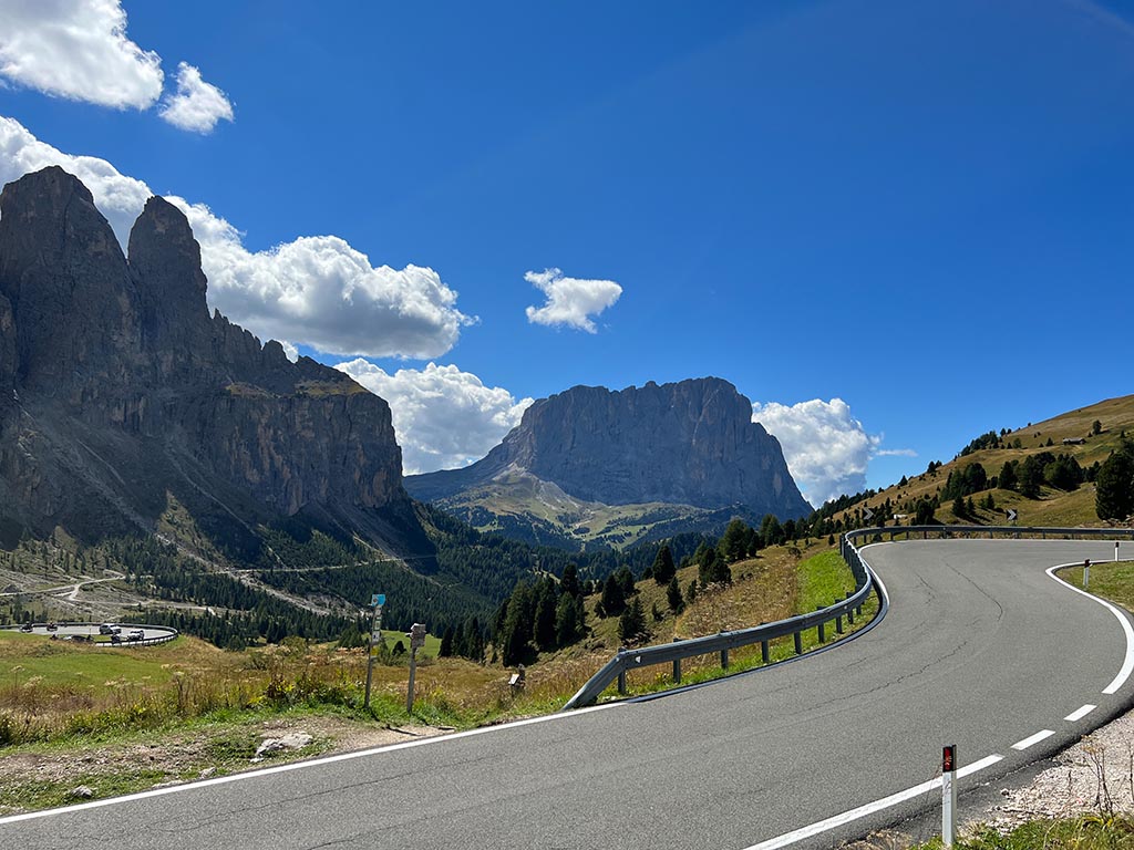 Pass road from Passo Gardena to Selva, Sassolungo in summer