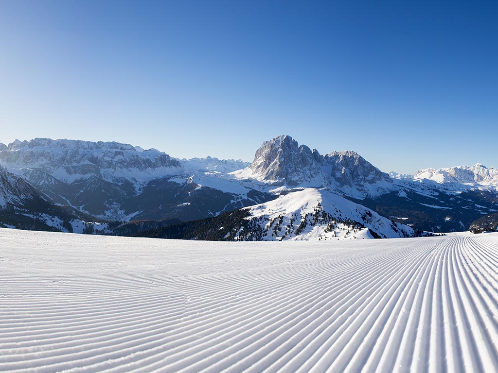 Skiing on the Seceda in Val Gardena in winter