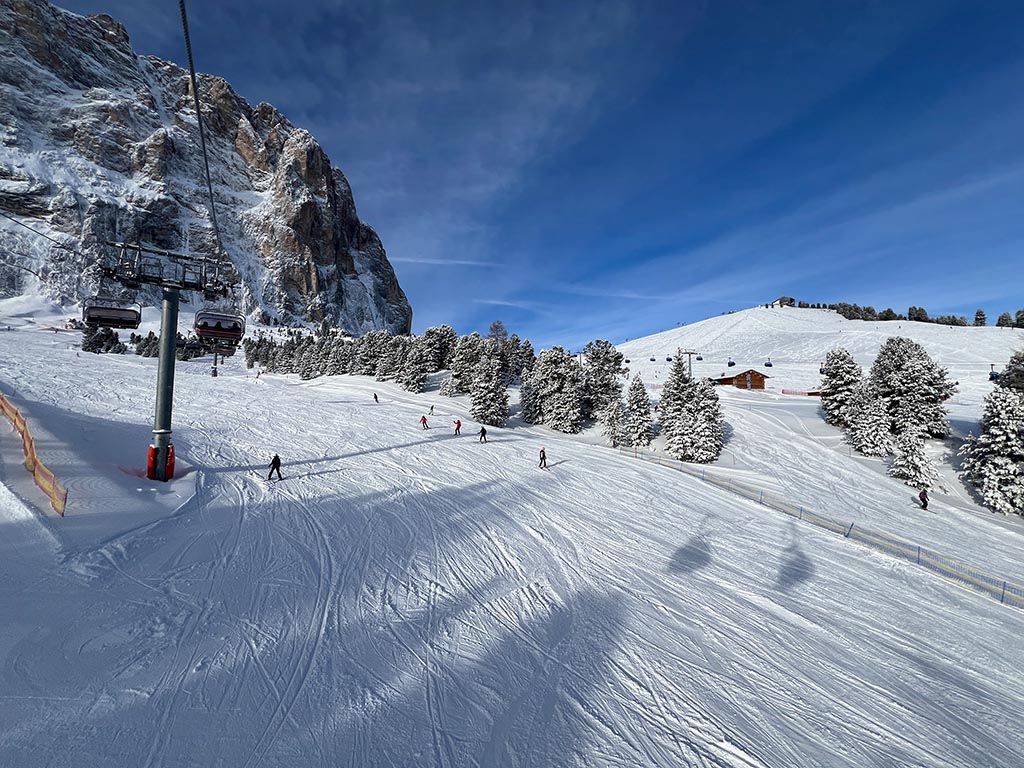 Skiing at Piz Sella in Selva di Val Gardena in winter