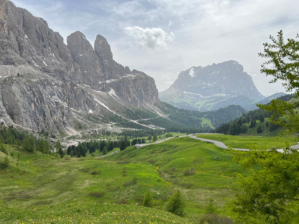 View from the Gardena Pass to the Sella Group and Sassolungo in summer