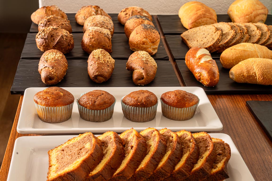 Various types of bread and cakes.