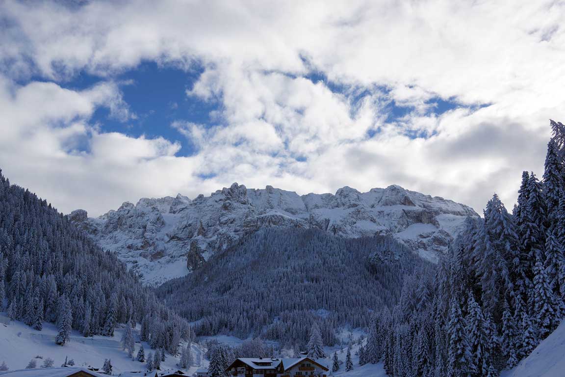 Sella mountain range in the Dolomites in winter