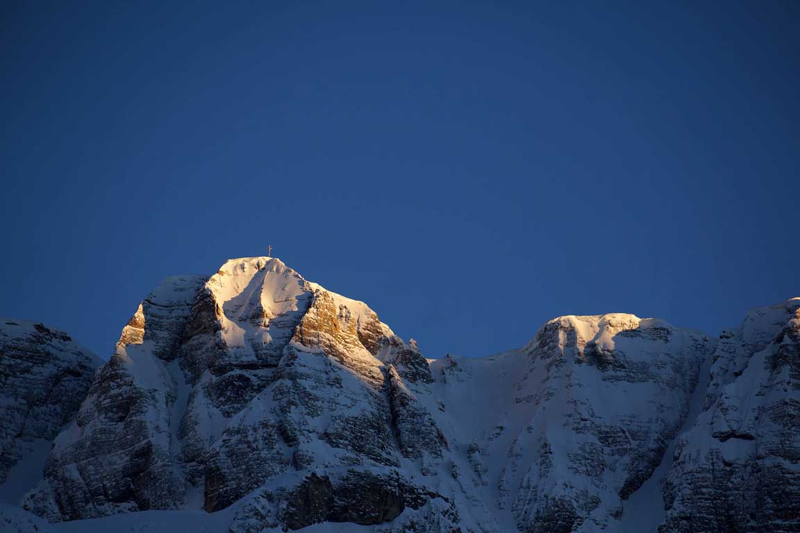 Sunset Piz Miara, Dolomites in winter